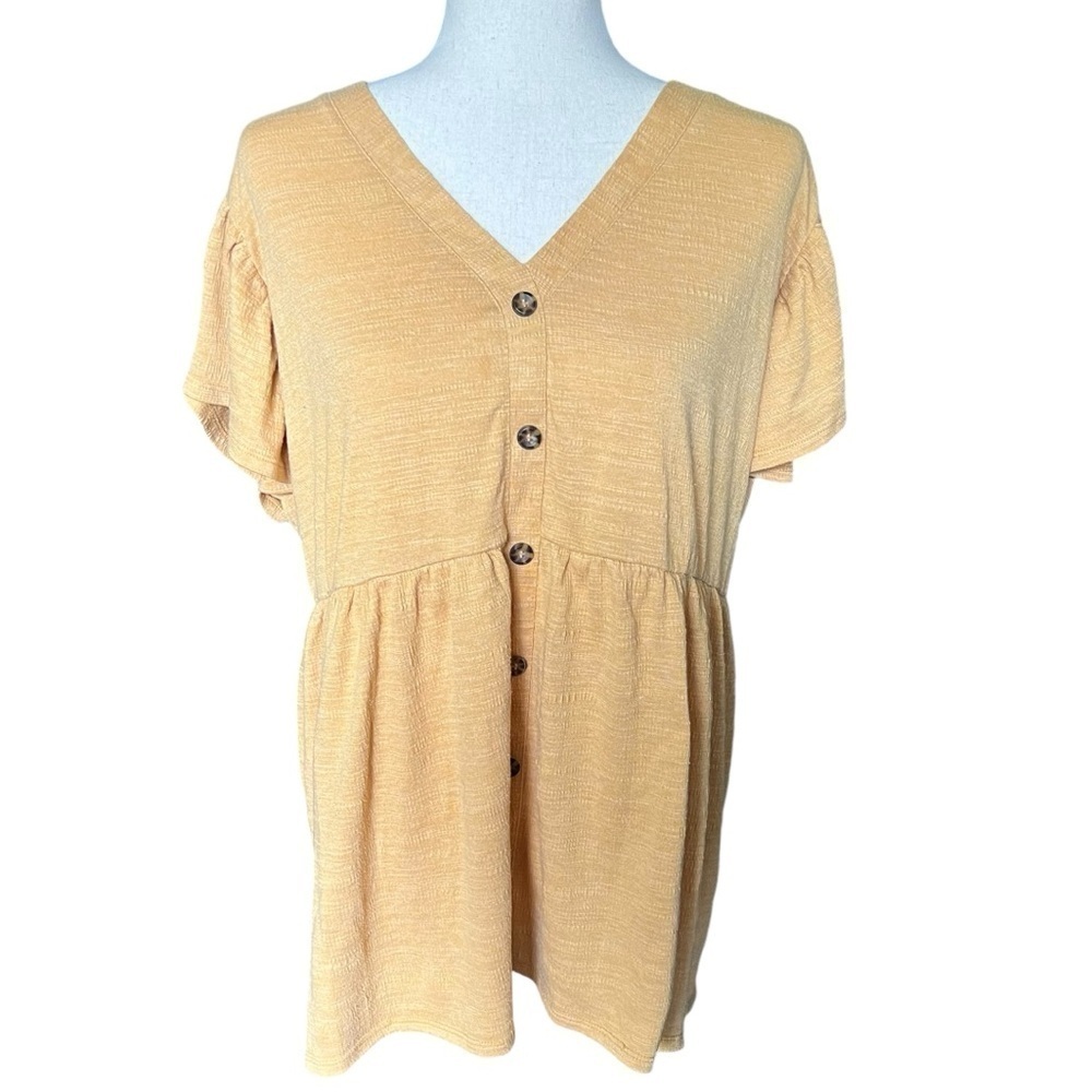 Avenue Empire Waist Mustard Yellow Babydoll Top Buttons Flutter Sleeve Sz: 22/24